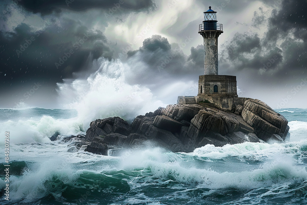 Generative ai on theme of large retro lighthouse with beam of bright light shining out to blue sea Generative ai on theme of large retro lighthouse with beam of bright light shining out to blue sea