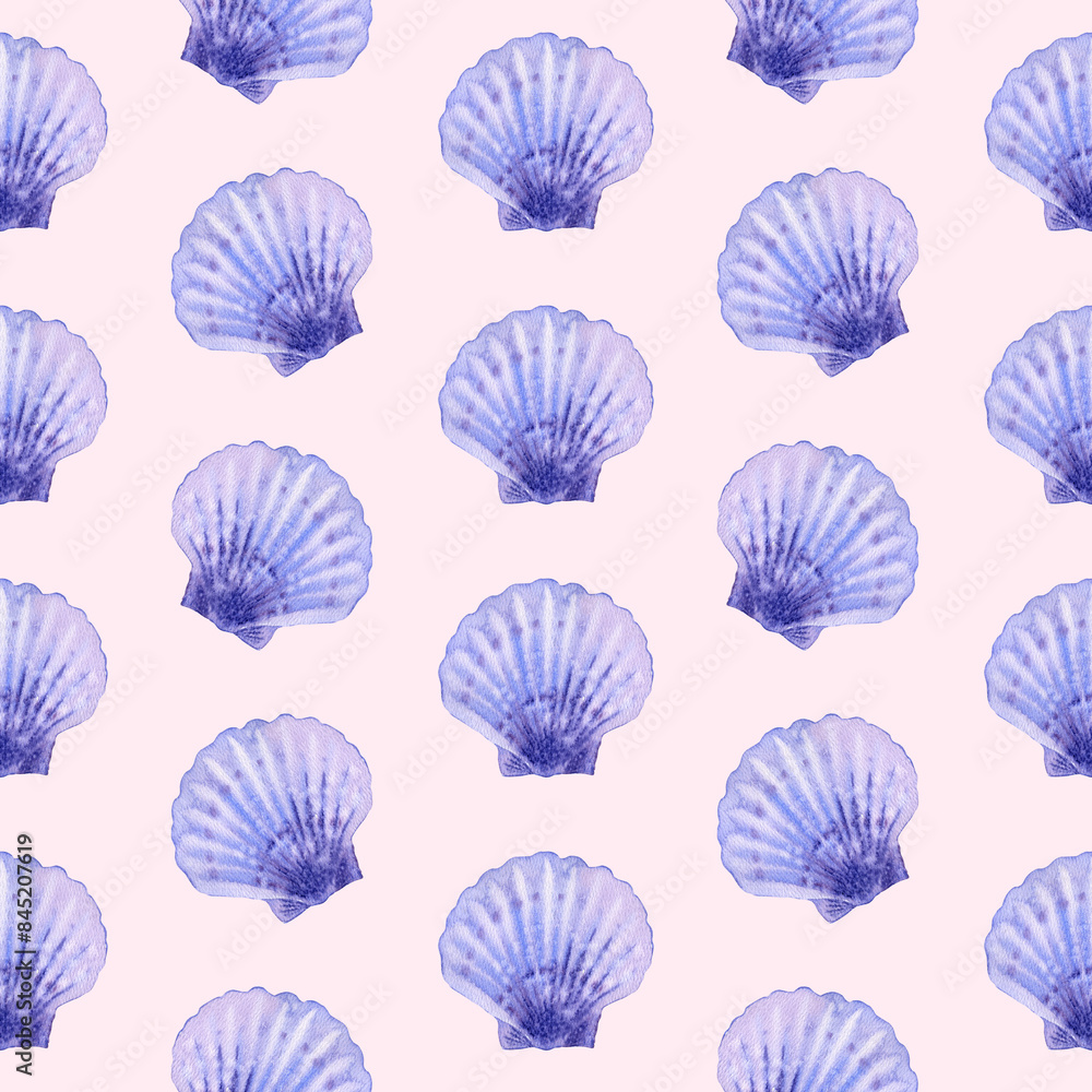 Marine seamless pattern animals, blue seashell, mollusk, shells. Watercolor illustration underwater background On pink. Summer vibes. Sea bottom. For fabric, wrapping paper, wallpaper print decor Marine seamless pattern animals, blue seashell, mollusk, shells. Watercolor illustration underwater background On pink. Summer vibes. Sea bottom. For fabric, wrapping paper, wallpaper print decor