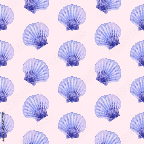 Marine seamless pattern animals  blue seashell  mollusk  shells. Watercolor illustration underwater background On pink. Summer vibes. Sea bottom. For fabric  wrapping paper  wallpaper print decor