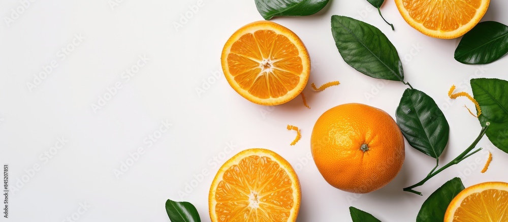 Fragrant orange fruit with green leaves against a white background Fragrant orange fruit with green leaves against a white background