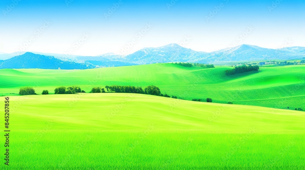 Fototapeta premium Scenic view of green grass fields and rolling hills under a clear blue sky with distant mountains and fluffy clouds