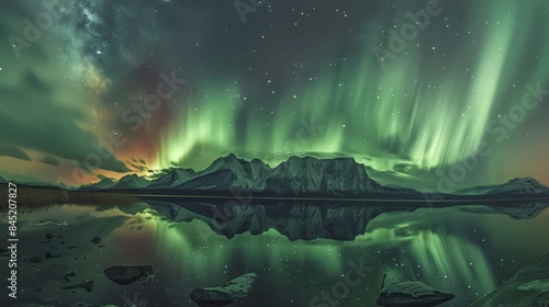 The aurora merges seamlessly with the natural landscape. The greenish radiance of the aurora complements the distant mountain range, and the nearby lake mirrors the auroral display. Generative AI. photo