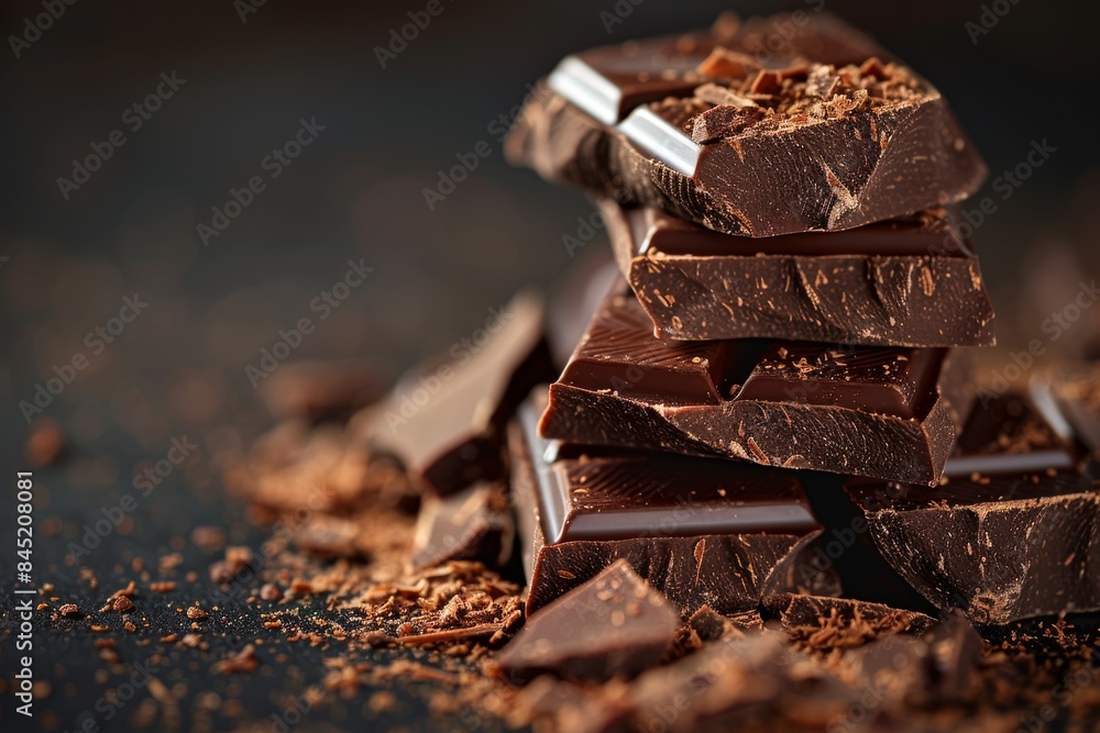 Pile of broken grated chocolate with pieces chunks on a dark background, in macro photography style. Pile of broken grated chocolate with pieces chunks on a dark background, in macro photography style.