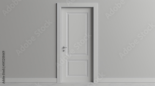 The image is of a white door in a white wall. The door is closed and there is a silver handle on the door. The floor is white and the walls are white.