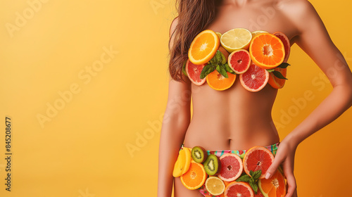 Close-up half of the body, beautiful woman, smiling, fit and healthy, fair skin wearing an outfit made from various small fruits, light pastel orange background, concept about eating healthy