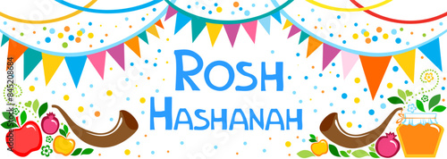 Rosh hashanah (jewish New Year holiday) concept. Traditional symbols. Template for postcard or invitation card, poster, banner. Horizont banner. Greeting, invitation card or flyer. Vector illustration