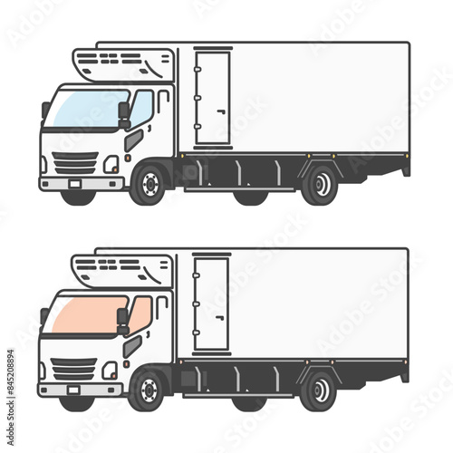 物流シリーズ：保冷庫つき、生鮮食品を運ぶ4トントラックのイラスト(カラー&モノカラーのSET)