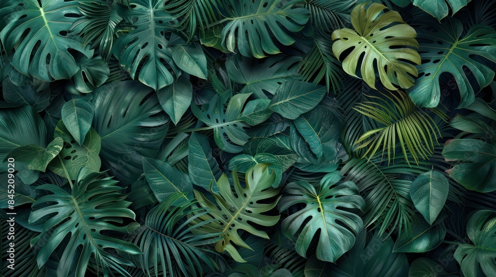 Fototapeta premium Background of dense green monstera plant leaves in natural wild forest.