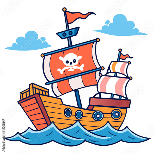 pirate ship sailing through rough seas, with tattered sails, a Jolly Roger flag, and treasure chests on deck