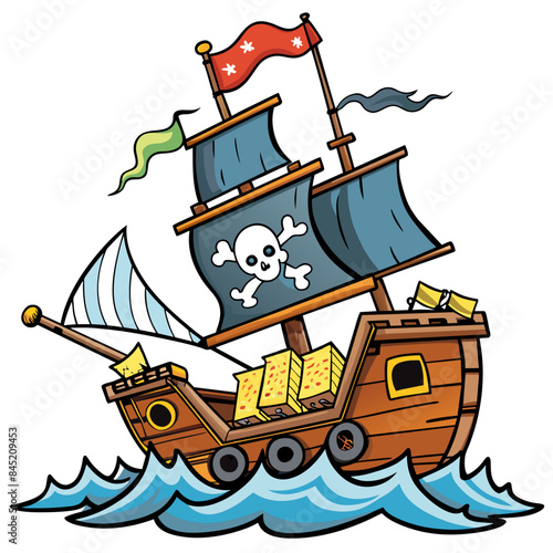 pirate ship sailing through rough seas, with tattered sails, a Jolly Roger flag, and treasure chests on deck