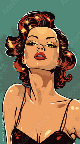 A woman with red hair and a red dress is shown with a green eye