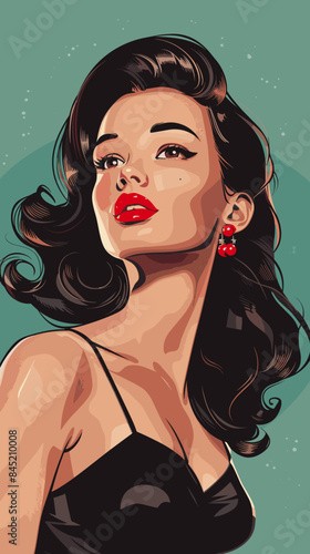 beautiful brunette woman with long hair , retro style pop art pin up, flat vector illustration