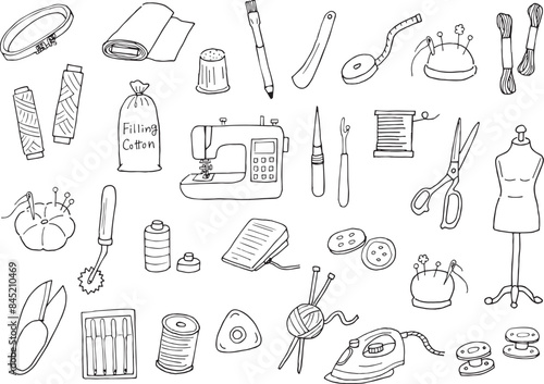 手芸用品のイラストセット（手書き、線画）