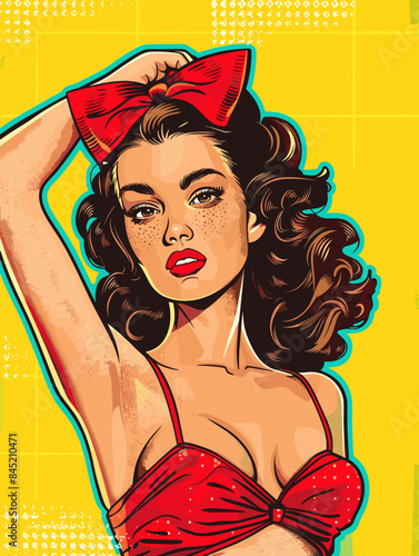 A woman in a red bikini with a red bow in her hair. The image has a retro vibe and is likely meant to evoke feelings of nostalgia or a sense of fun