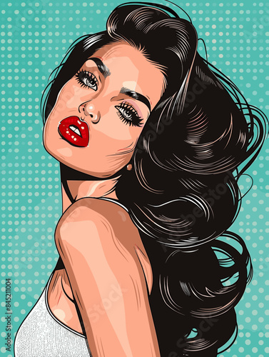 beautiful brunette woman with long hair , retro style pop art pin up, flat vector illustration