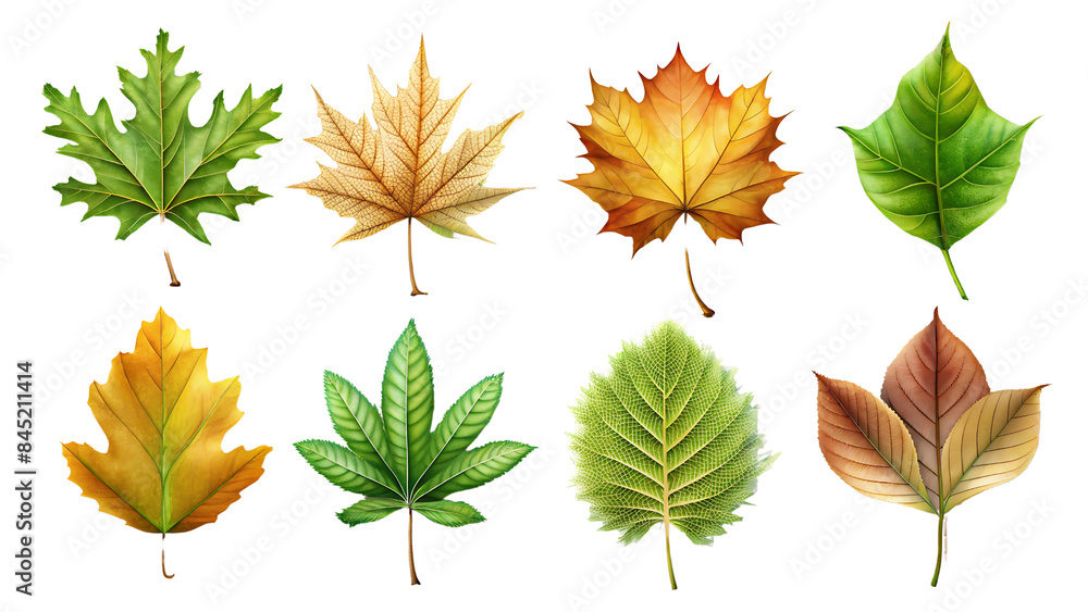 Fototapeta premium Set Of Leaves Isolated On Transparent Background, Collection Of Leaves 