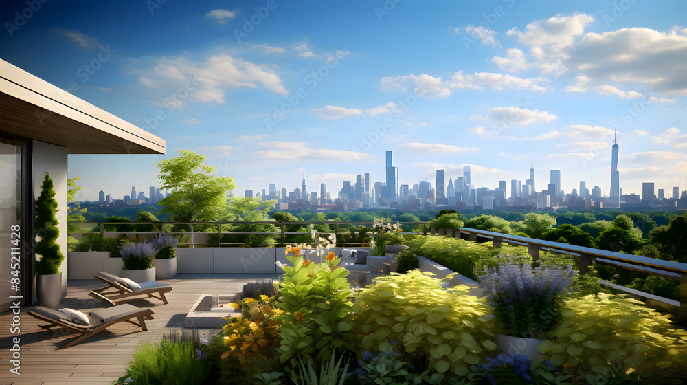 Fototapeta premium Park on the roof of a house with city view