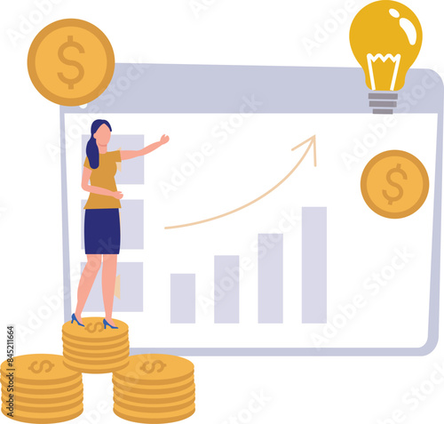 A girl is explaining about financial business graphs.