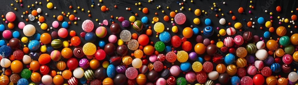 Colorful Variety of Candies in Playful Scattered Pattern on Black Background Colorful Variety of Candies in Playful Scattered Pattern on Black Background