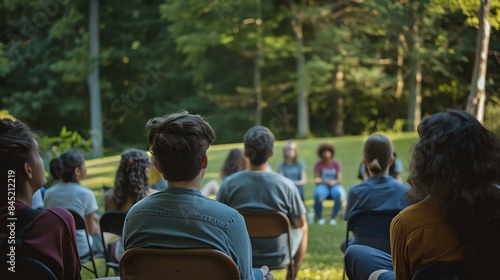 A group of teenagers are sitting in a circle in the woods. They are listening to a speaker who is not visible in the image. photo
