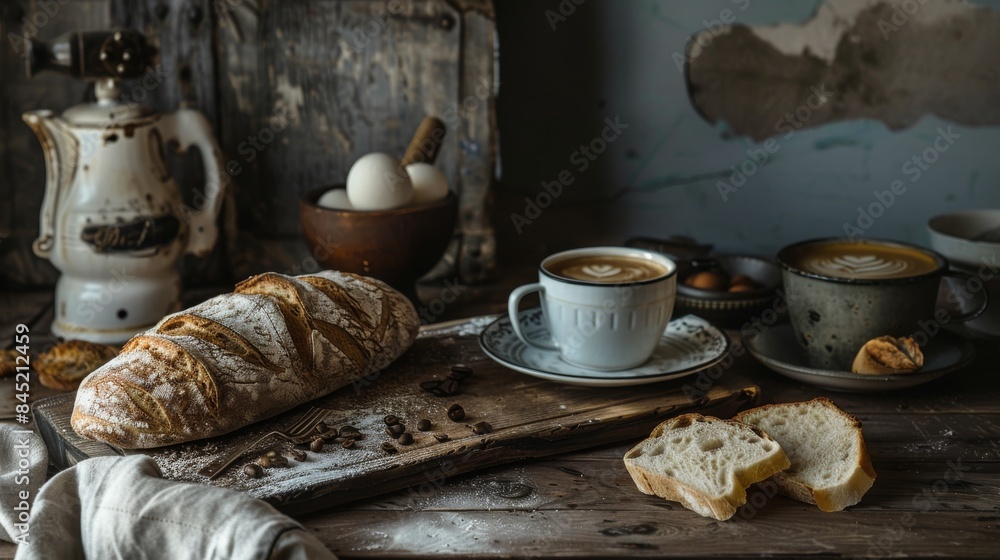 Rustic Breakfast Scene with Freshly Baked Bread, Coffee Cups, and Vintage Kitchenware on Wooden Table in Cozy Kitchen Rustic Breakfast Scene with Freshly Baked Bread, Coffee Cups, and Vintage Kitchenware on Wooden Table in Cozy Kitchen