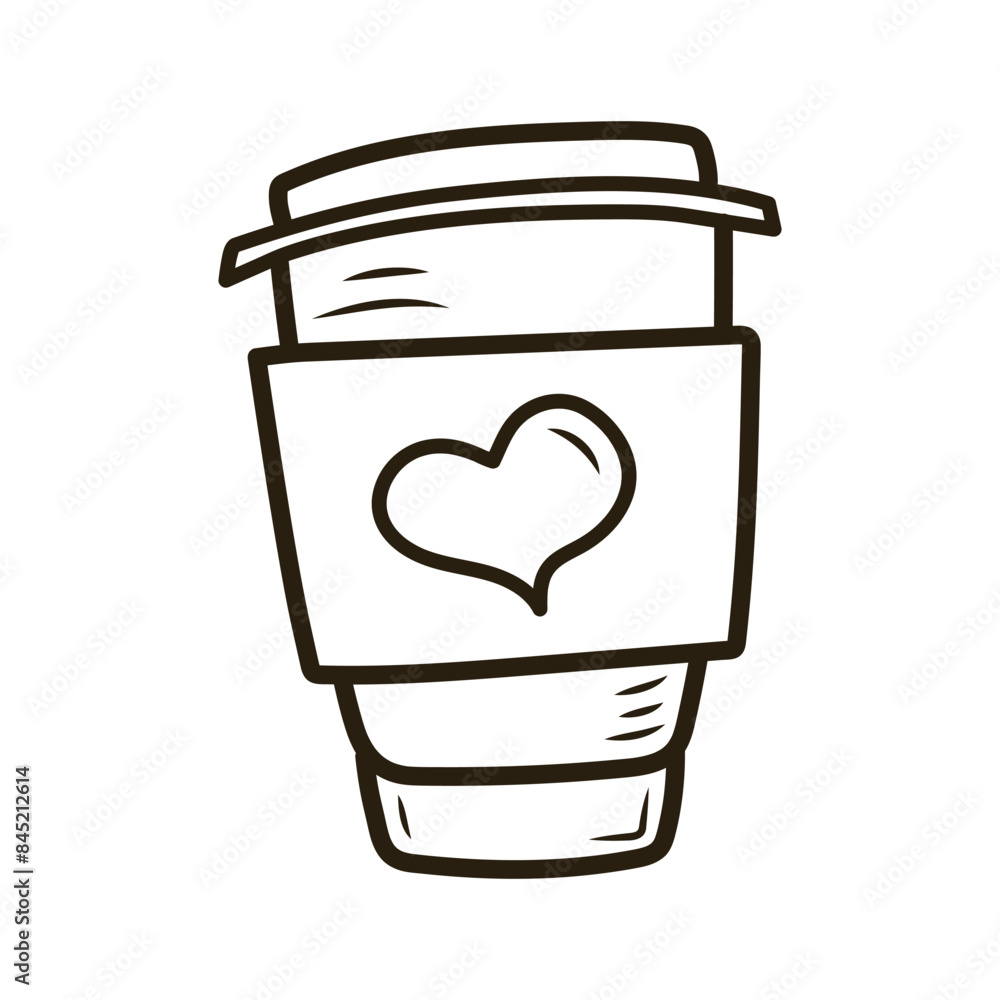 Doodle plastic coffee cup with heart. Outline hand drawn icon for coffee and bakery cafe. Doodle plastic coffee cup with heart. Outline hand drawn icon for coffee and bakery cafe.