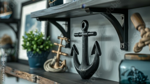 Elegant black shelves mounted on a port wall, showcasing decorative accents like vintage anchors and maritime artifacts, stylish interior design photo