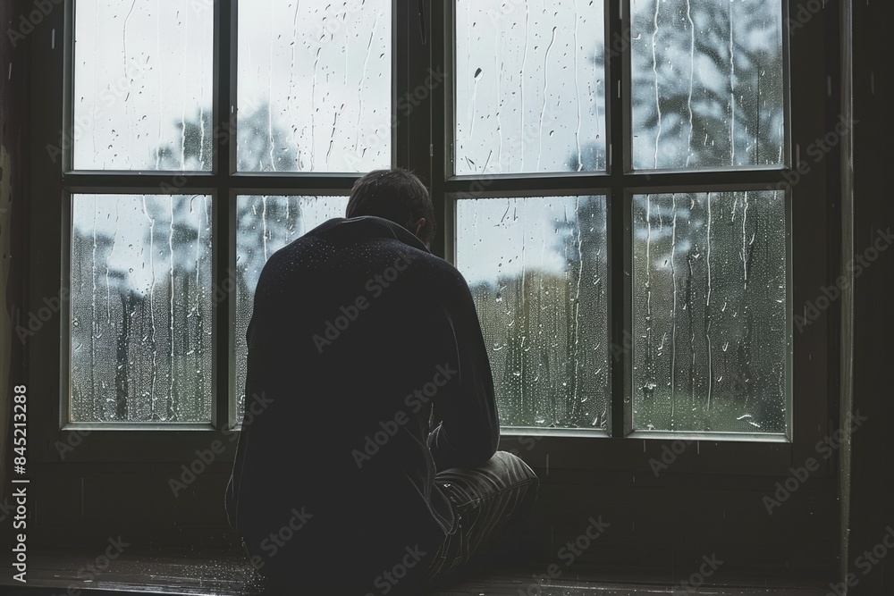 depressed man sitting on rainy window depressed man sitting on rainy window