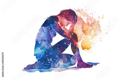 depressed woman with headache in watercolor isolated on white or transparent png