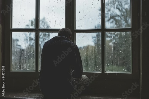 depressed man sitting on rainy window