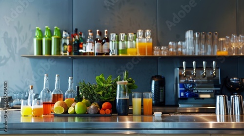 Fototapeta Naklejka Na Ścianę i Meble -  Modern Bar Counter with Fresh Fruits, Juices, and Alcoholic Bottles in a Contemporary Setting