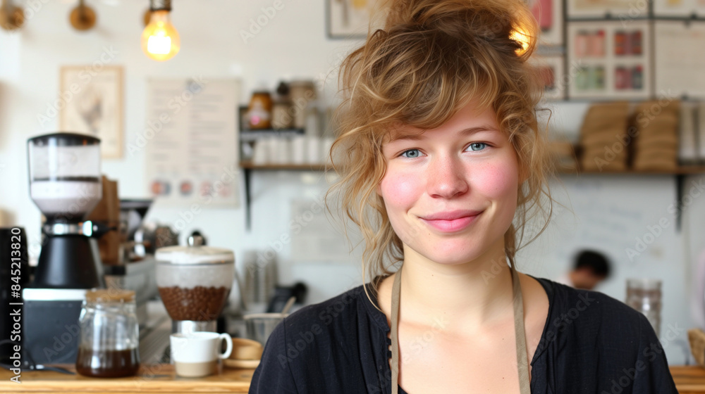 Friendly Barista Smiling in Trendy Coffee Shop with Cozy Atmosphere. Friendly Barista Smiling in Trendy Coffee Shop with Cozy Atmosphere.