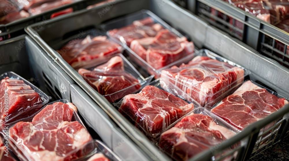 Detailed view of meat cuts in transparent plastic, arranged in crates, shipment ready, warehouse environment Detailed view of meat cuts in transparent plastic, arranged in crates, shipment ready, warehouse environment