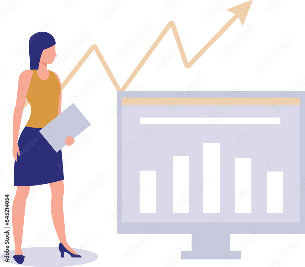 The girl is looking at the bar graph. The girl is looking at the bar graph.