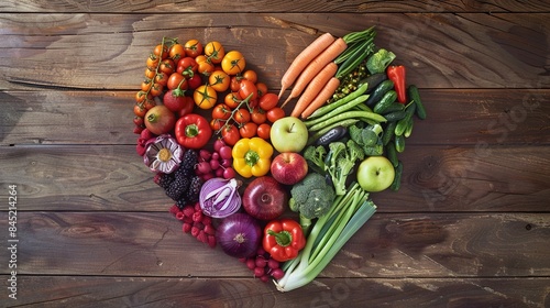 An array of colorful fruits and vegetables arranged in the shape of a heart on a wooden table, emphasizing the importance of nutrition in health care awareness.
