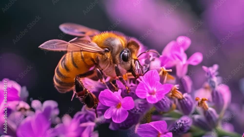 close-up beautiful yellow bee on pink lavender in blossom in black background close-up beautiful yellow bee on pink lavender in blossom in black background