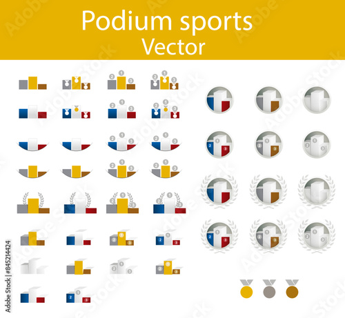 Podium vainqueurs, podium arrivée, résultat France, victoire, vainqueur, sport, athlétisme, france, Paris, 2024, médaille or, médaille argent, médaille bronze, vecteur, pictogramme