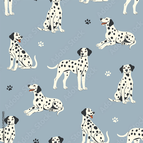Seamless pattern with Dalmatian dogs and paw prints on a gray-blue background. Vector graphics.
