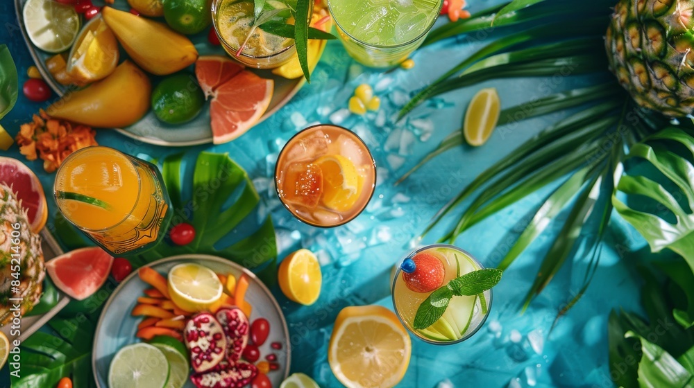 Vibrant Tropical Fruit and Refreshing Drinks on a Blue Background with Green Leaves and Ice Cubes Vibrant Tropical Fruit and Refreshing Drinks on a Blue Background with Green Leaves and Ice Cubes