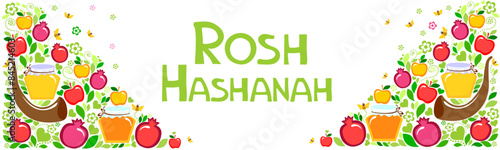 Rosh hashanah (jewish New Year holiday) concept. Traditional symbols. Template for postcard or invitation card, poster, banner. Horizont banner. Greeting, invitation card or flyer. Vector illustration