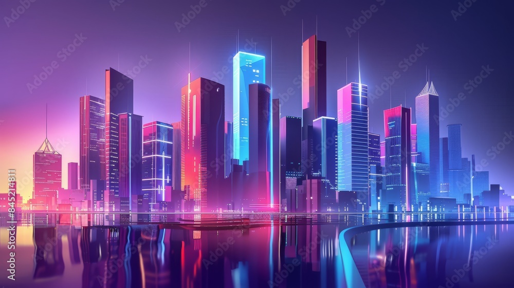 Futuristic Cityscape at Night with Neon Lights and Skyscrapers Reflecting on Water, Modern Urban Skyline, Vibrant Colors, High-Tech Architecture, Digital Art, Sci-Fi Metropolis, Cyberpunk Aesthetic Futuristic Cityscape at Night with Neon Lights and Skyscrapers Reflecting on Water, Modern Urban Skyline, Vibrant Colors, High-Tech Architecture, Digital Art, Sci-Fi Metropolis, Cyberpunk Aesthetic
