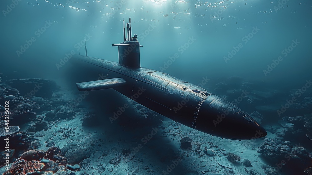 Underwater view, an submarine. Generative AI. Underwater view, an submarine. Generative AI.