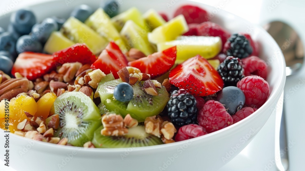 Fresh and Colorful Fruit Salad with Berries, Kiwi, and Nuts in a White Bowl - Healthy and Nutritious Breakfast or Snack Option Fresh and Colorful Fruit Salad with Berries, Kiwi, and Nuts in a White Bowl - Healthy and Nutritious Breakfast or Snack Option