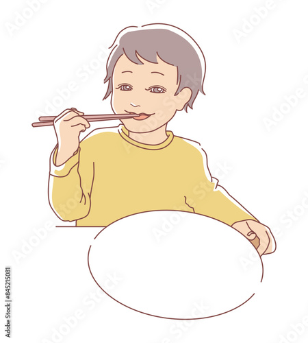 笑顔でお箸を使って食事をする子供と白くて丸いお皿のシンプルなイラスト