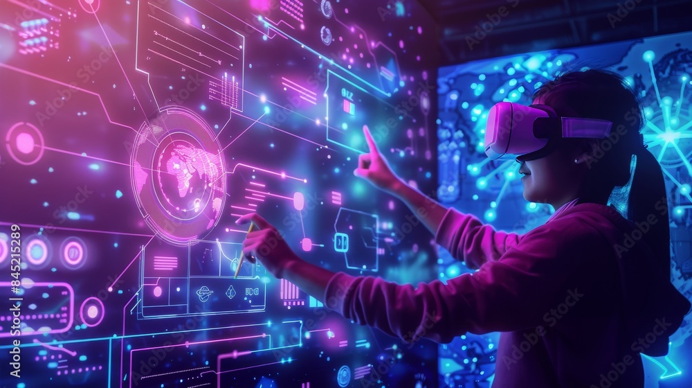 Woman Using Virtual Reality Headset Interacting with Futuristic Digital Interface in Neon Lit Room Woman Using Virtual Reality Headset Interacting with Futuristic Digital Interface in Neon Lit Room