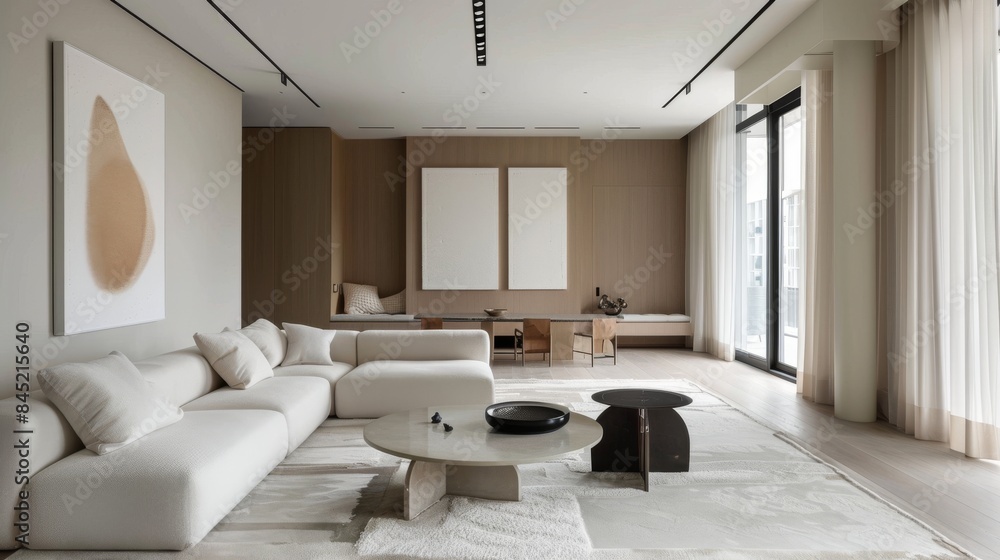 Elegant Modern Living Room with Minimalist Design, Neutral Tones, and Large Windows Allowing Natural Light Elegant Modern Living Room with Minimalist Design, Neutral Tones, and Large Windows Allowing Natural Light