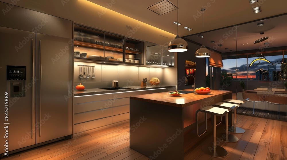 Modern Luxury Kitchen with Island, Stainless Steel Appliances, and Ambient Lighting in a Contemporary Open-Plan Apartment Overlooking City Skyline at Sunset Modern Luxury Kitchen with Island, Stainless Steel Appliances, and Ambient Lighting in a Contemporary Open-Plan Apartment Overlooking City Skyline at Sunset