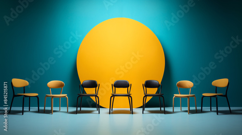 a group of chairs in a room with a yellow circle in the background photo