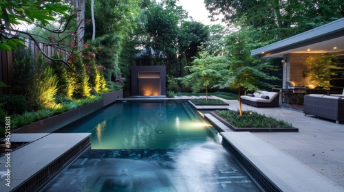 Wallpaper Mural Modern Luxurious Backyard with Pool, Waterfall, and Lounge Area Surrounded by Lush Greenery and Ambient Lighting Torontodigital.ca