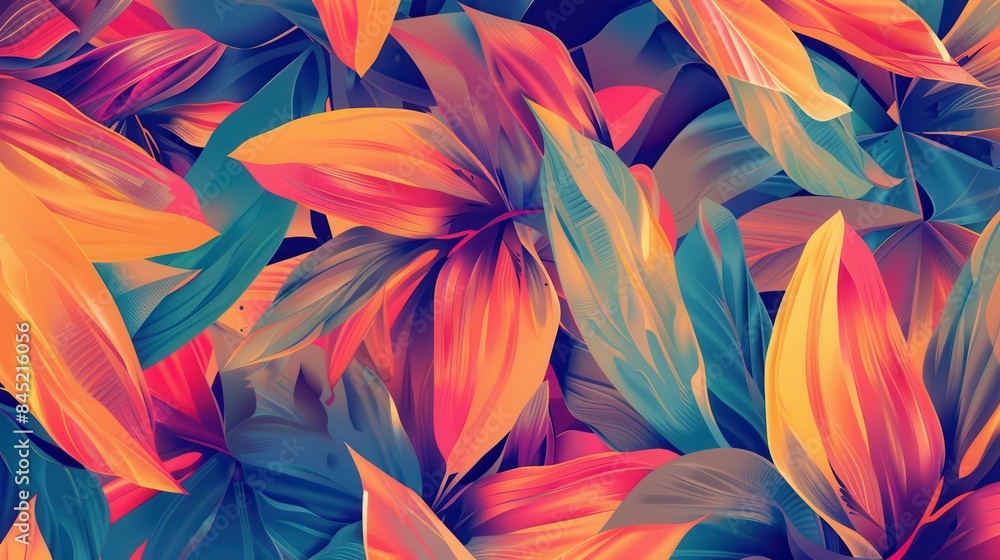 Vibrant Abstract Tropical Leaves Pattern with Bold Colors and Dynamic Shapes for Modern Design and Artistic Backgrounds Vibrant Abstract Tropical Leaves Pattern with Bold Colors and Dynamic Shapes for Modern Design and Artistic Backgrounds